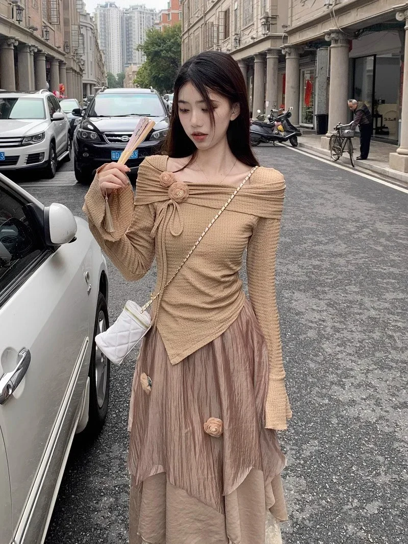 Knitted Basic Pullovers Women Square Collar 3D Floral Lace-up Irregular All-match Skin-friendly Spring Korean Style Gentle Chic