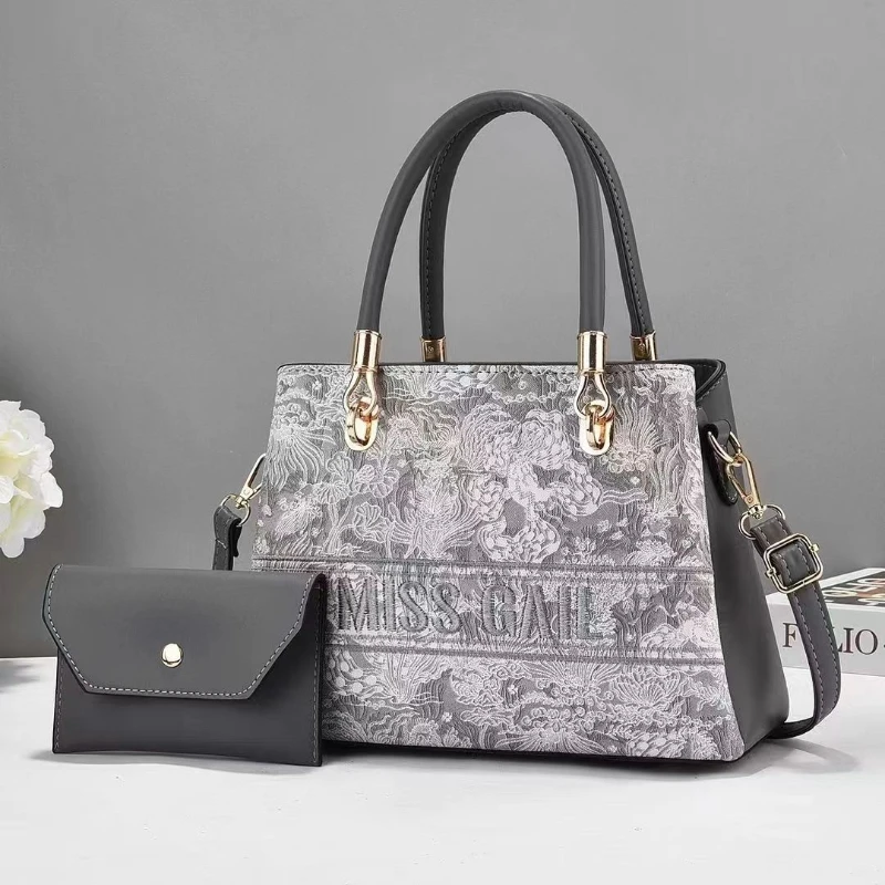 Tas Ember Bordir Kapasitas Besar Dua Buah Tas Wanita Fashion Kasual Tas Ibu Selempang Jinjing Crossbody Bahan PU