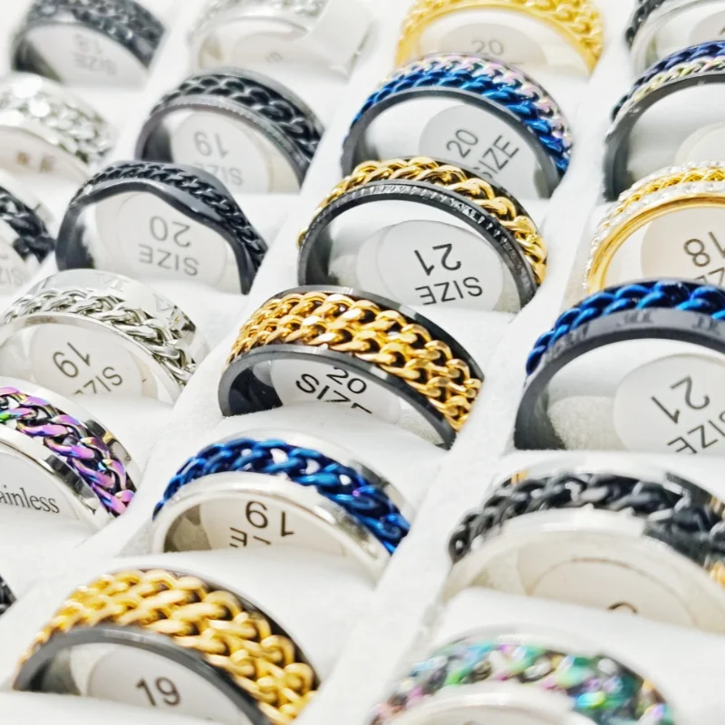18 Pcs Rotatable Single & Double Chain Punk Steel Ring Set Stress Relief Unisex Daily Trend Finger Jewelry