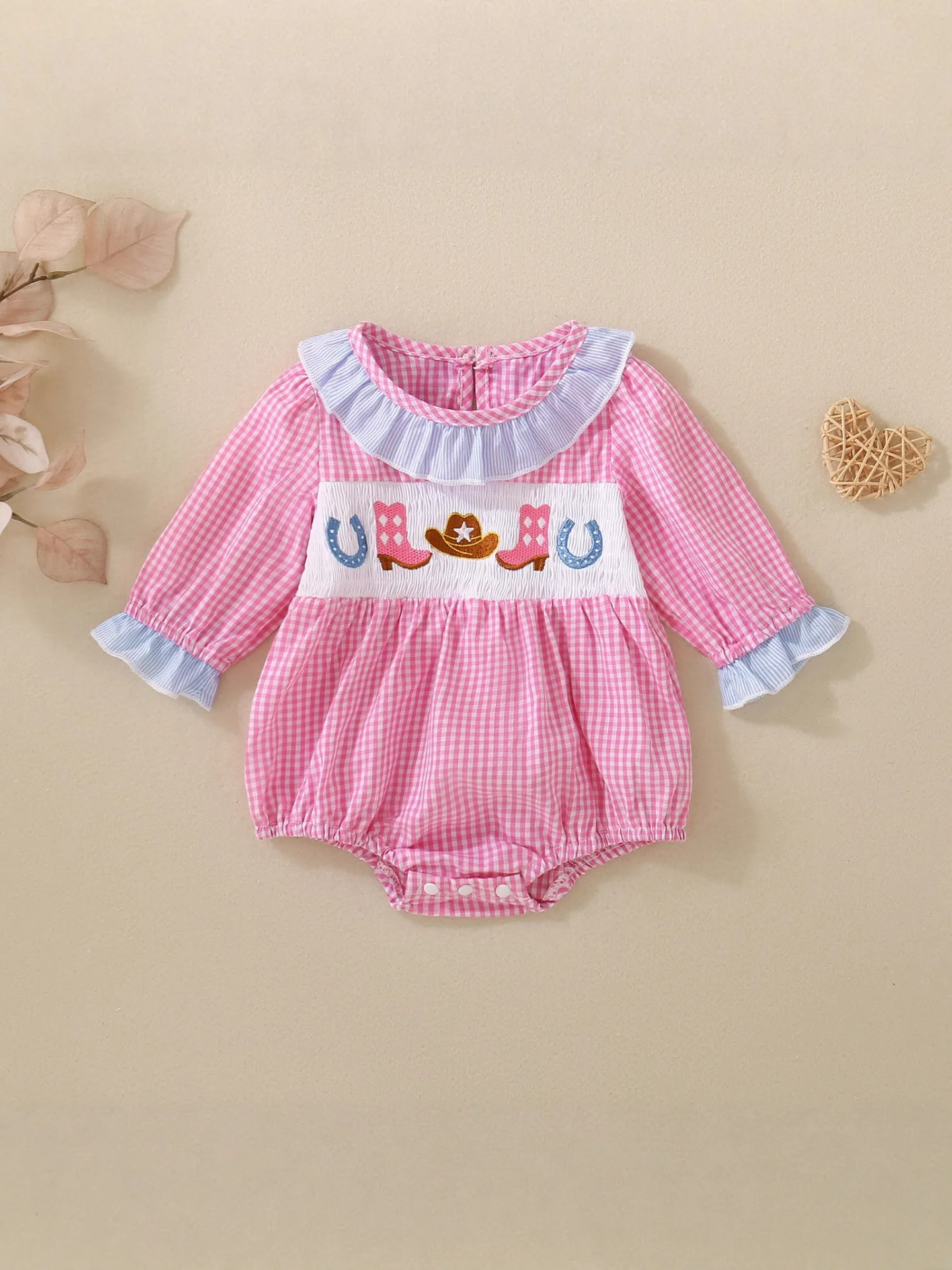 Pink Plaid Booties Spring Autumn Season Long Sleeve Embroidered Romper Cute Suitable for Infants 0-1 Year Old Girls