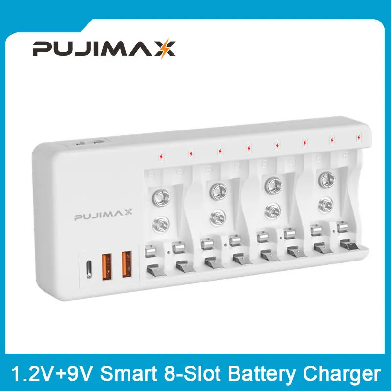 

PUJIMAX Battery Charger 8-Slot Smart Intelligent LED Display For AA/AAA NiCd NiMh Rechargeable Batteries AC Cable Charging