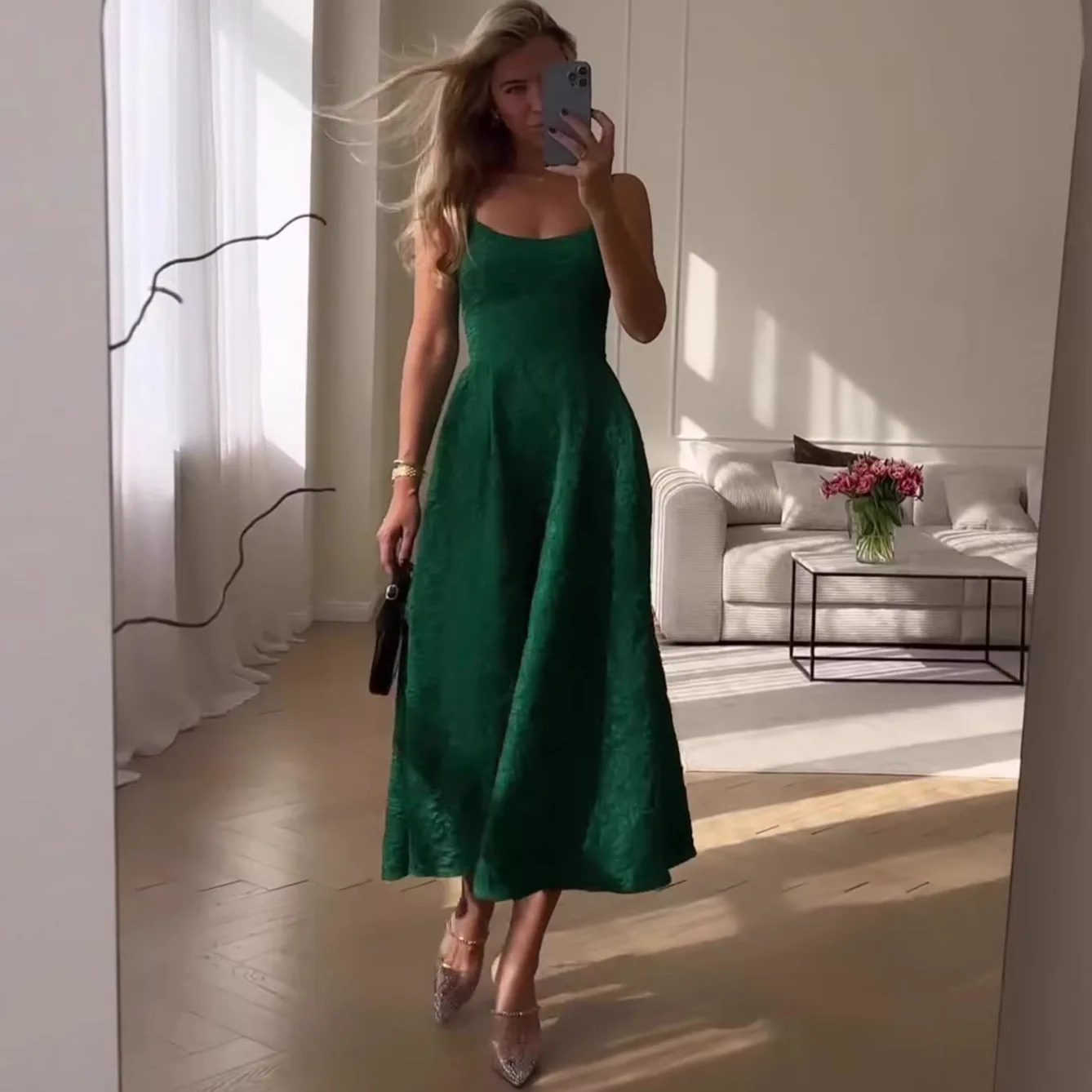 Crinkle Summer French Green Camisole Long Dress A Elegant Waistband Fresh Knit Dresses