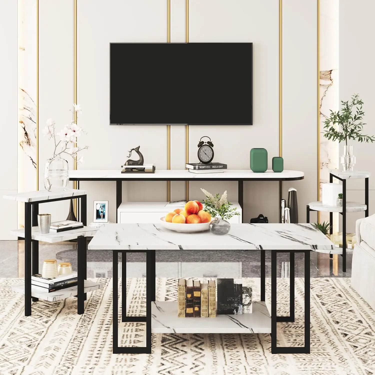 Lamerge Coffee Table Set, mesa de café retangular, 2 mesa de acento, mesa de mármore falso, 3 pcs