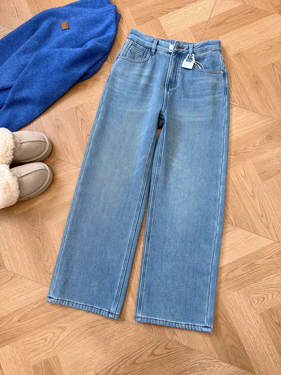 

High Waist Fce Lined Straight Leg Jeans Women's Early Spring Nine Point Vintage Light Blue Jeans Slimming Leg Effect