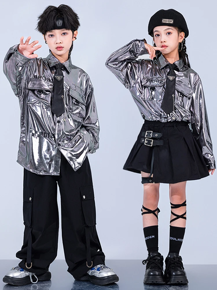 Trajes de escenario Kpop para niña, pantalones Shuffle negros, camisas plateadas para niños, trajes de baile de Hip Hop, Falda plisada, ropa de baile de Jazz 1242
