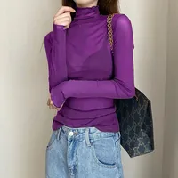 Women Blouses Ladies Party Female Bottoming Tops High Neck Long Sleeve See Through T Shirt Purple Blue Elastic Sheer Mesh Shirt
