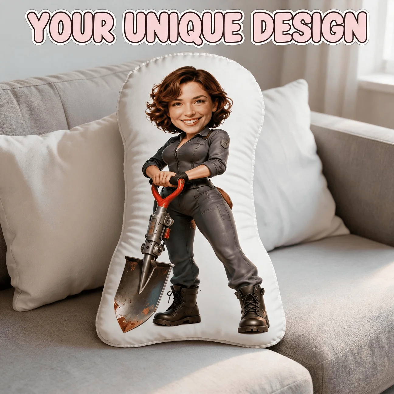 Custom Photo Shaped Pillow, Personalized Female Worker Holding Shovel Decorative Cushion, Unique Home Decor Accent for Sofa & Be