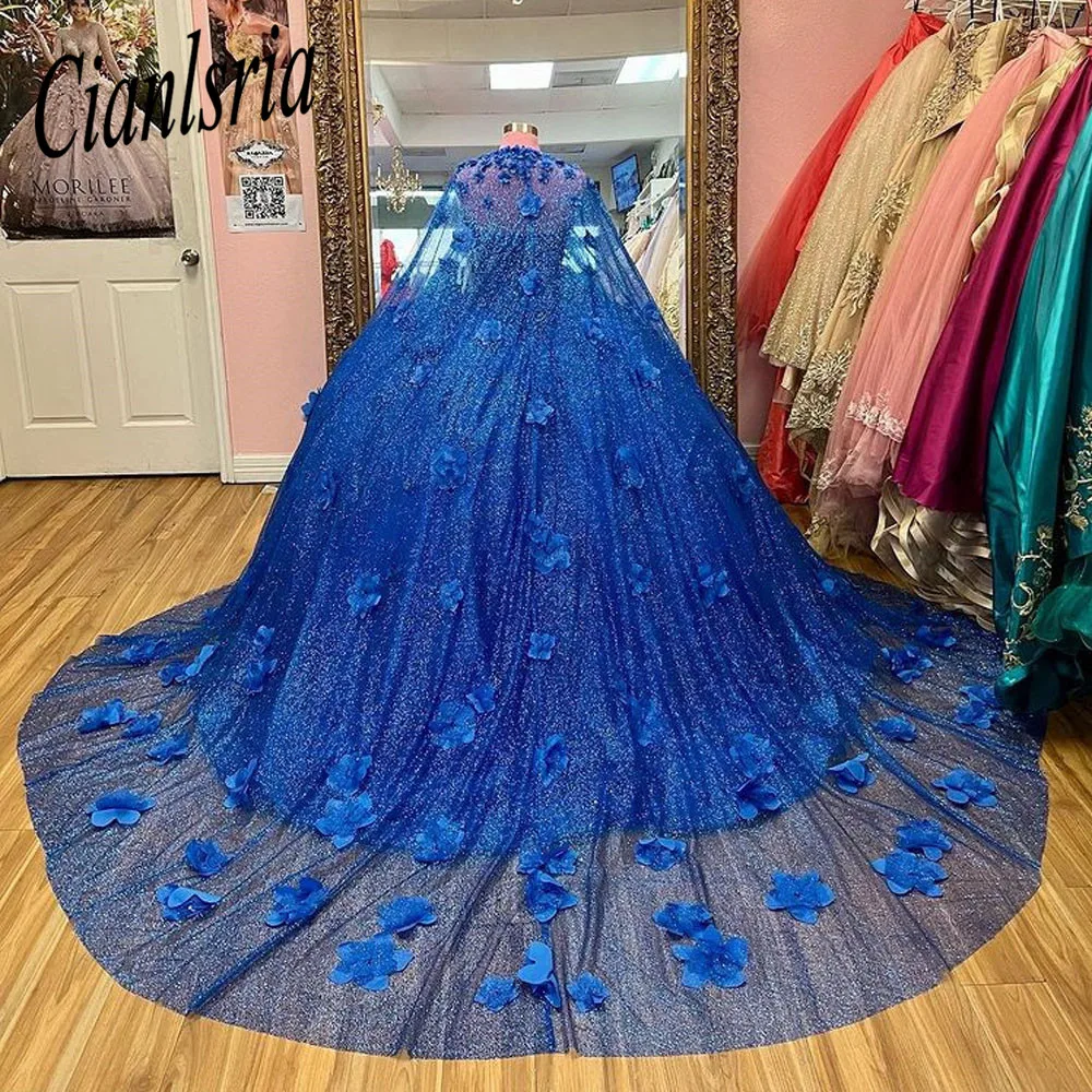 Royal Blue Crystal Beading Quinceanera Dress With Cape Ball Gown Sweetheart Sleeveless 3D Flowers Corset Vestido De 15 Anos