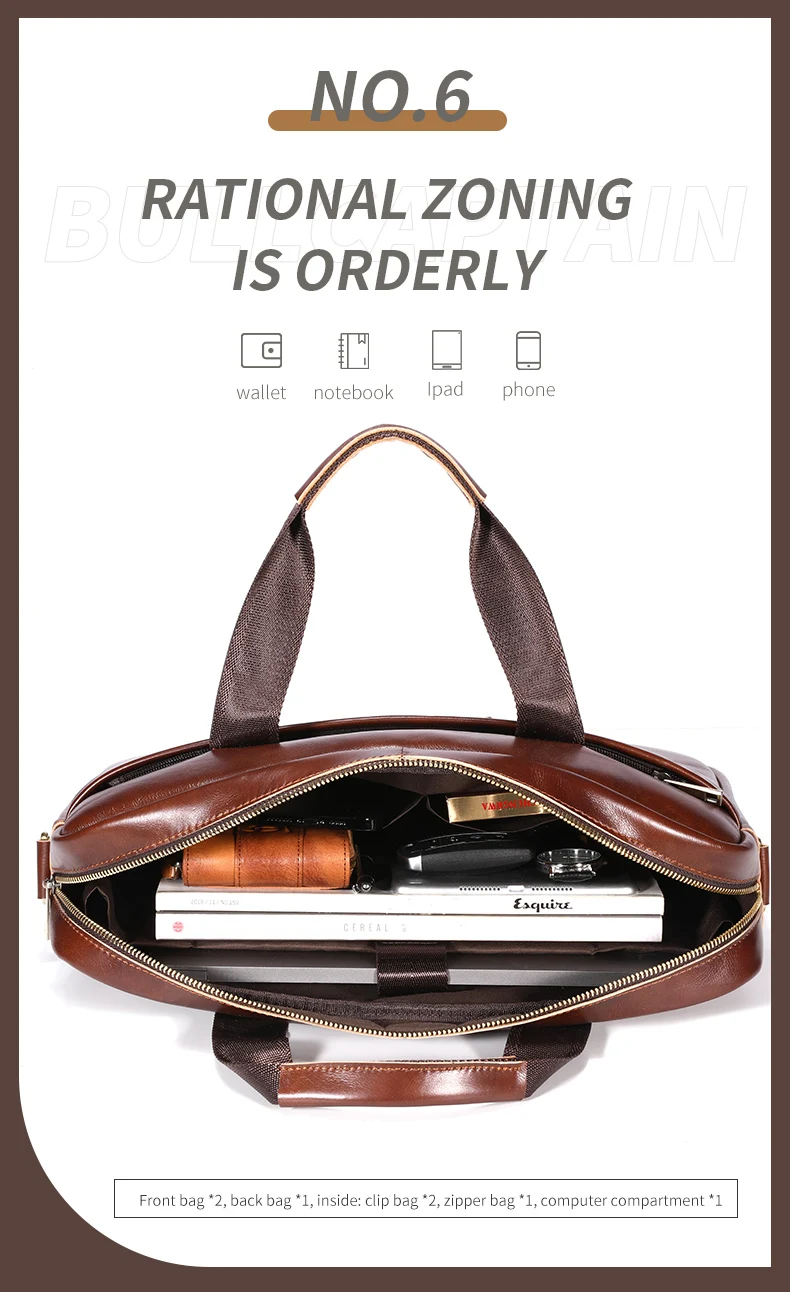 BULLCAPTAIN Leather Laptop Bag, Top Layer Leather 15' Laptop Bag Men's Laptop Briefcase Work Business Travel Bag 053