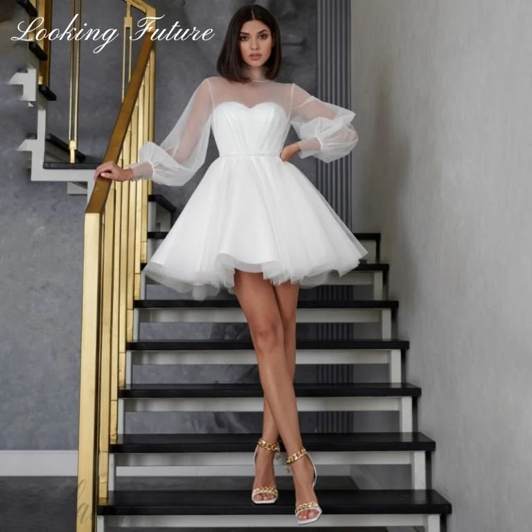 White Short Wedding Dresses for Women 2024 Bride A Line Wedding Gown Long Puff Sleeve Illusion High Collar Sweetie Bridal Dress