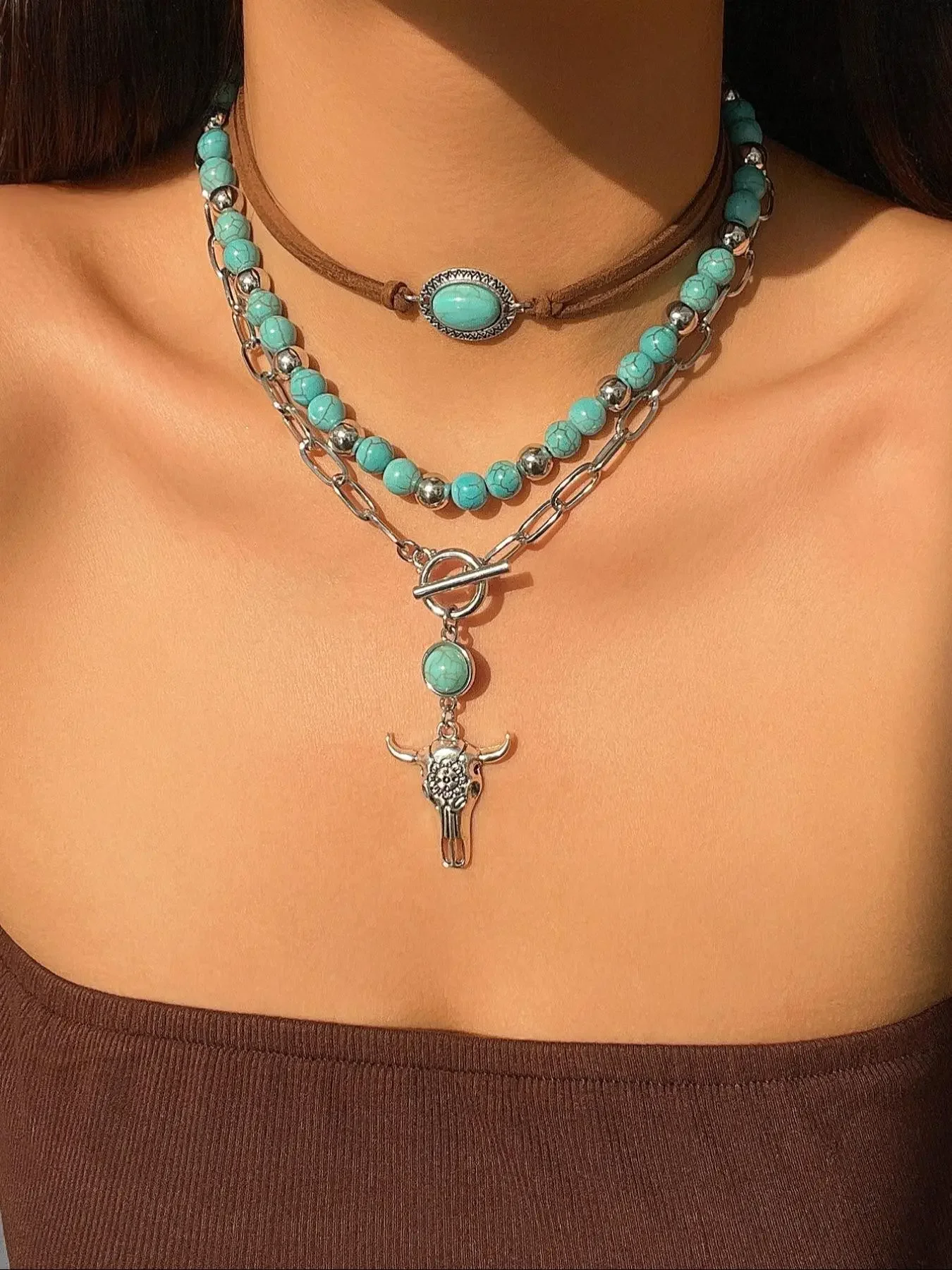 3-Piece Spring Summer Western Style Turquoise Layered Necklace, Unique Bohemian Boho Style Beaded Chic Cowboy Collar Chain, Fashionable Jewelry Set, Alloy Necklace