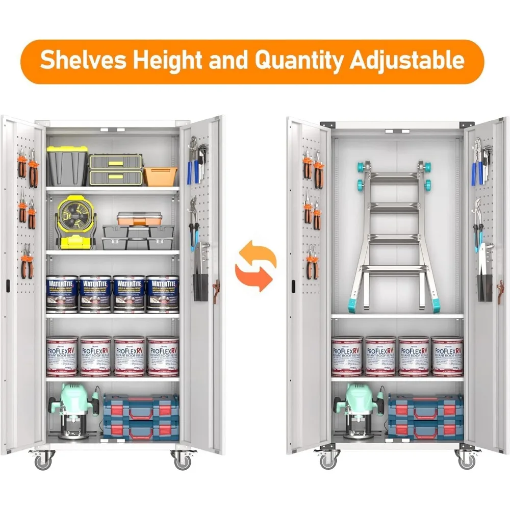 Upgraded Metal Garage Storage Cabinet with Wheel,Steel Tool Cabinet with 2 Doors and 4 Adjustable Shelves for Garage Home Office