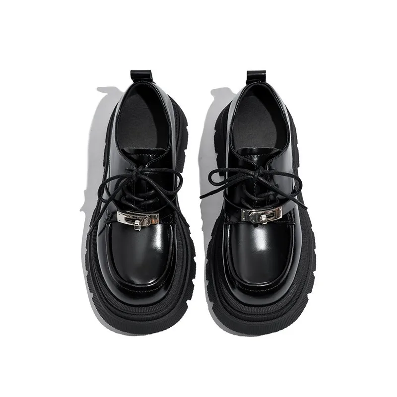 Thick soled black small leather shoes for women's new British style lace up loafers with round toe Mary Jane single shoes