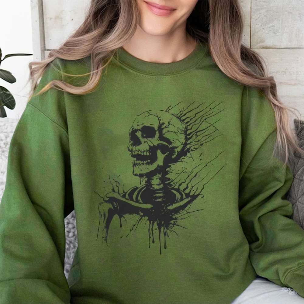 

Skeleton Halloween Long Sleeve Top Womens Halloween Pullovers Spooky Season Black Burning Skull Grimly Death Boo Sweatshirt