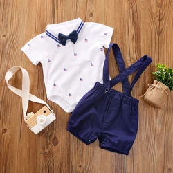 2 Pcs Baby Boy Clothes Gentleman Style Short Sleeves Ship Print Bodysuit+ Short