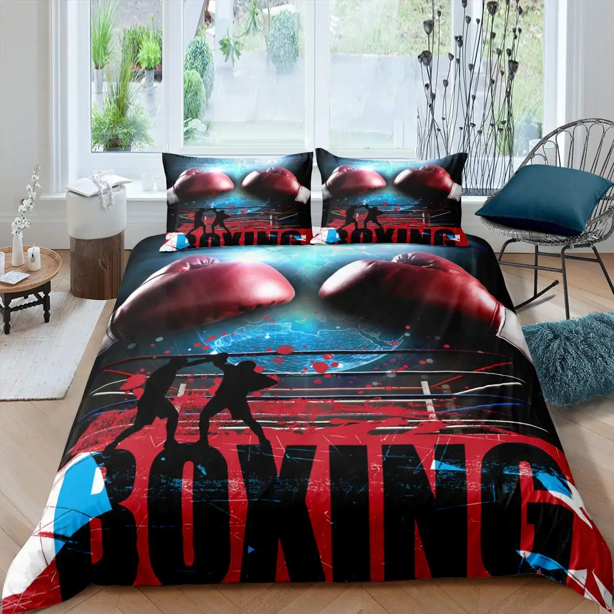 Boxing Duvet Cover Twin Queen,Sports Game Theme Bedding Set Boxing Gloves Quilt Cover,Athlete Silhouette Pattern Comforter Cover