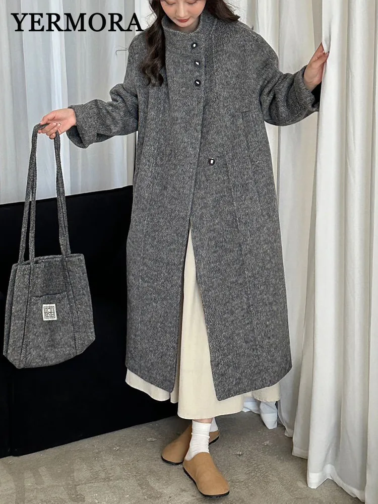 

YERMORA Women's Gray Button Casual Woolen Coat And Bag Long Sleeve Loose New Warm Overcoat Fashion Tide Autumn Winter 2025