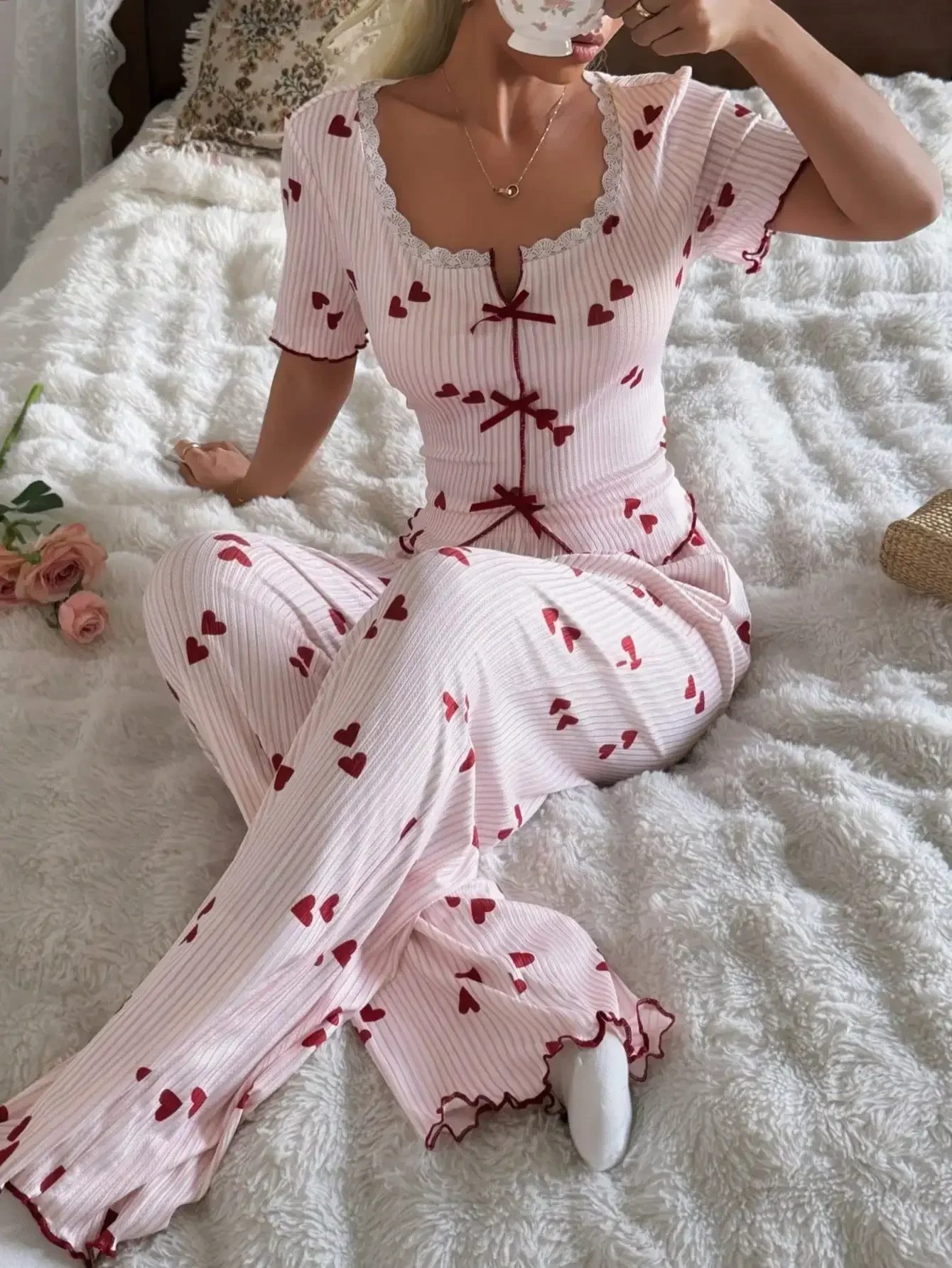 2pcs Women Romantic Lace Knit Texture Heart Striped Print Short Sleeve Pajama Set Cherry Pajamas Flamingo Pajamas