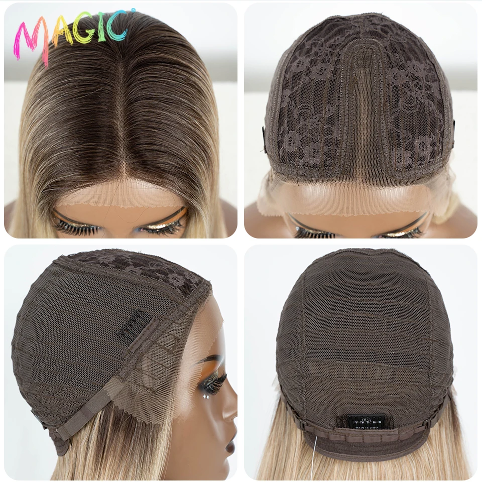 Magic-Perruque Lace Front Synthétique pour Femme, Perruque Bob Lisse, Ombre, Marron, Blond, Blanc, Perruque Cosplay sans Colle, 22"