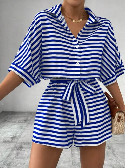 صيف جديد مجموعة للمرأة عادية فضفاض مريح الزي موضة مخطط Batwing كم قميص علوي + شورت 2 قطعة مجموعات امرأة