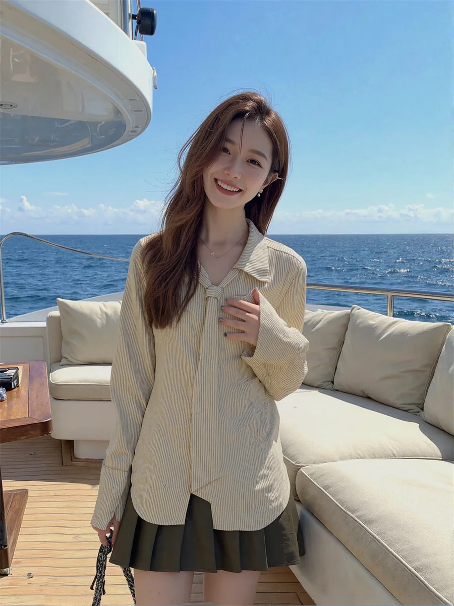

Spring Shirts Women Stylish Slim Waist Cropped Blouses Turn-down Collar Formal Office Lady Full Sleeve Modern Workwear Elegant
