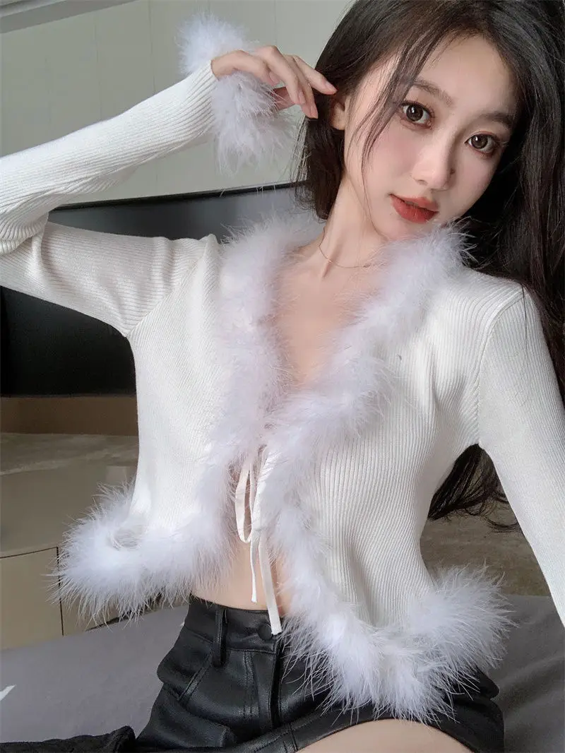 

Fashion Spring Fall Women Long Sleeve Lace Up Cardigan Outwear Lady Real Fur V-Neck Sexy Crop Top Sweater Girl Casual Clothing