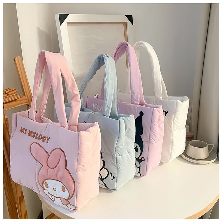 2024 New Sanrio Handbag Cartoon Cute Down Fabric Kuromi Tote Bag Shoulder Pacha Dog Cute Stationery Bag Large Capacity Handbag