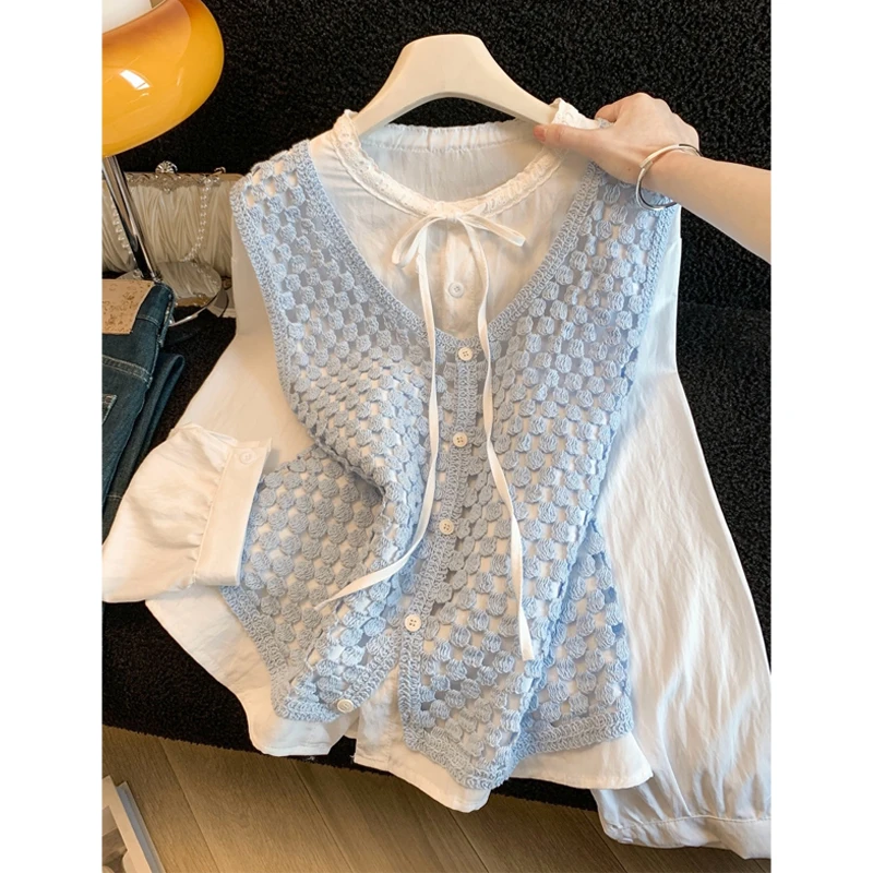 

Белый ажурный комплект из двух предметов с круглым вырезом и узлом, женский, весенний, модный, в китайском стиле, с длинными рукавами, для многослойного ношения