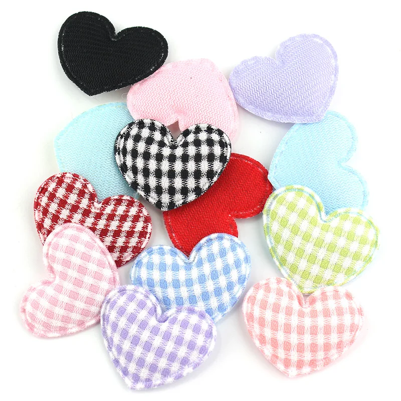 70Pcs 3*3.5cm Plaid Fabric Heart Padded Appliques For DIY Headwear Hairpin Crafts Decoration Clothing Accessories