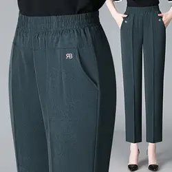 Office Lady Vintage Loose Straight Pants Spring Summer Thin Women Streetwear Fashion Casual Elastic High Waist Cropped Trousers