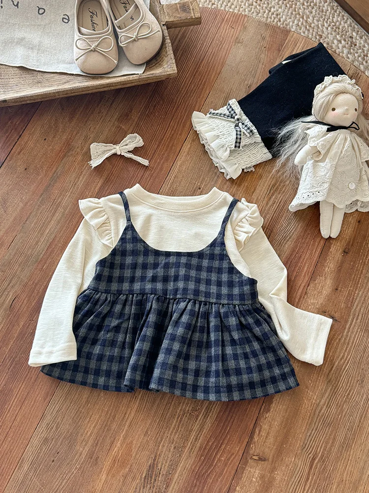 

Girls' Outfit Autumn New Cute Baby Girl Plaid Camisole Base Shirt Two-Piece Set Children's Thin Top aClass