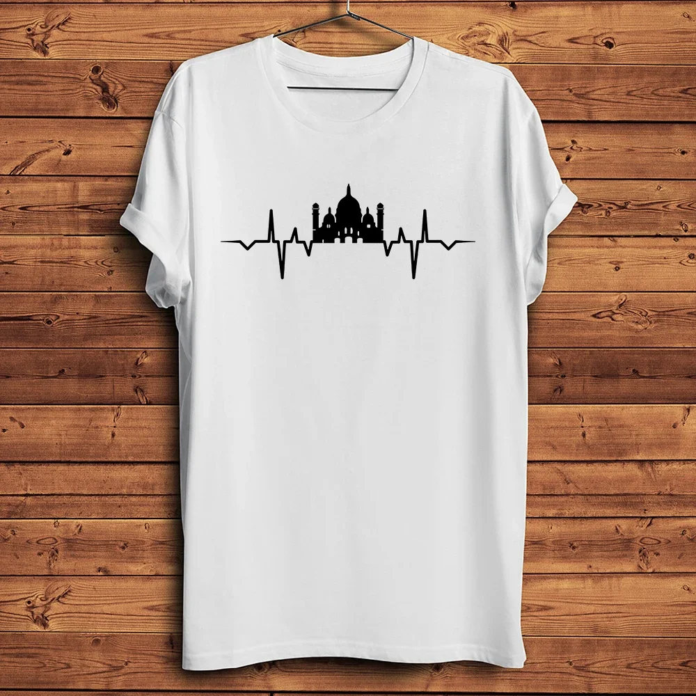 Mosque Heartbeat Cool Tshirt Men,New White Casual Short Sleeve Unisex T Shirt,Islamic Muslims Ramadan T-shirt, Breathable Print