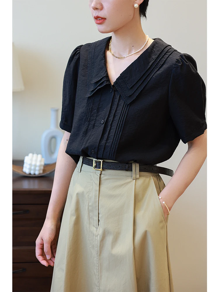 

Retro Sle ort Sve Silk irt Women's Bla Doll Collar Top Breathable Loose Fit Summer Faion Ladies' Premium irt