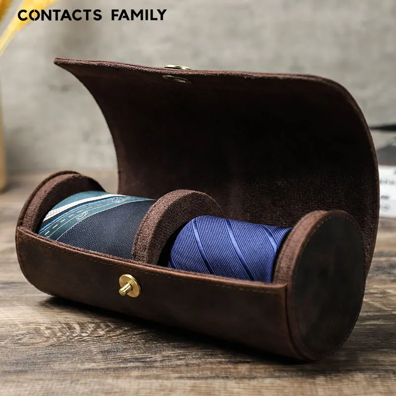 Handcrafted Vintage Crazy Horse Leather Tie Box Men's Spherical Shape Magnetic Clasp Double Tie Organizer