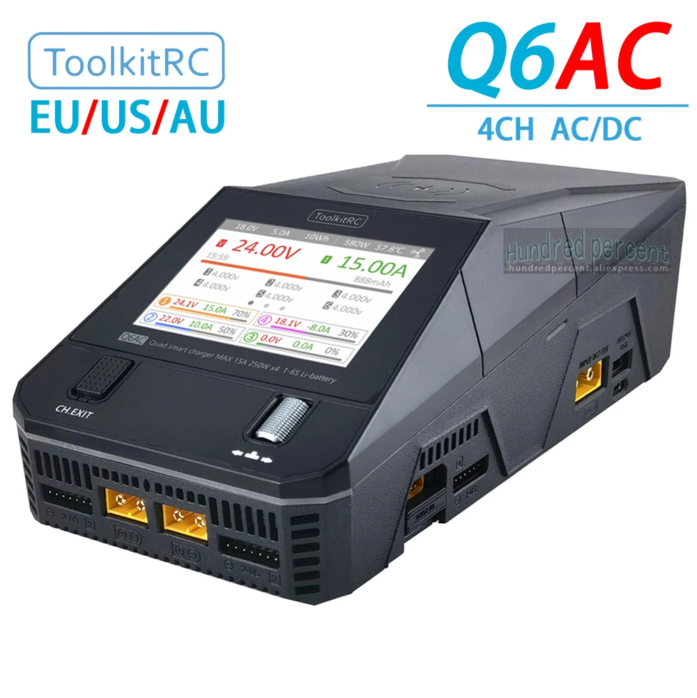 

ToolkitRC Q6AC Intelligent Charger 4-Channel 1S 2S 3S 4S 5S 6S AC 400W DC 1000W XT60 Toy Model Car Lithium Battery Fast Charging