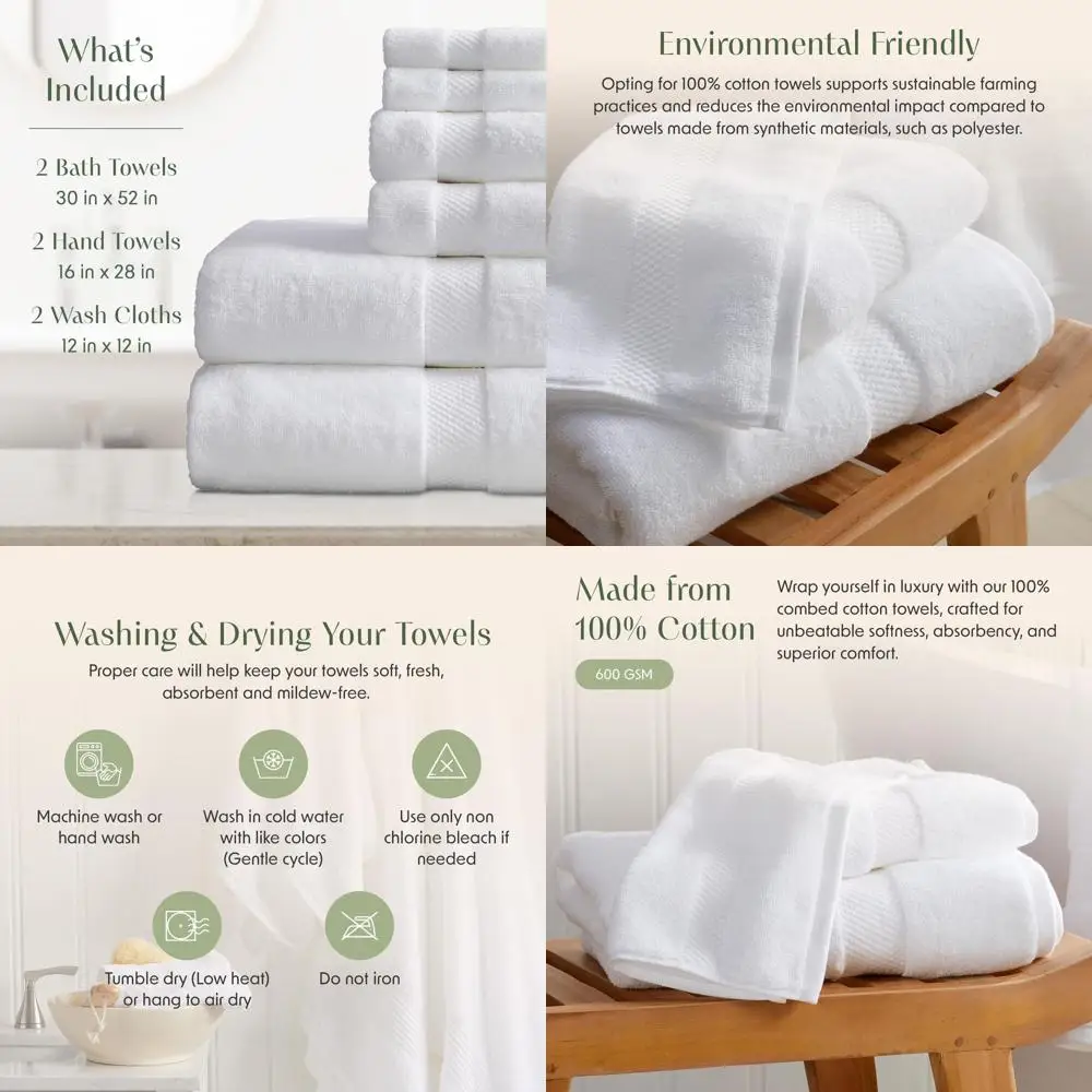 

Набор белых банных полотенец из 6 предметов | Премиум-хлопковый гостиничный стиль | Мягкий, впитывающий, быстросохнущий | Оэко-ТЕКС ® Сертифицированный | Цивинский Коллек