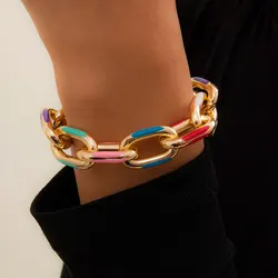 Hip Hop Punk Colorful Oil Drip Chain Bracelet for Women Goth Chunky Thick Lock Charm Bangles Grunge Jewelry Steampunk Men Gift