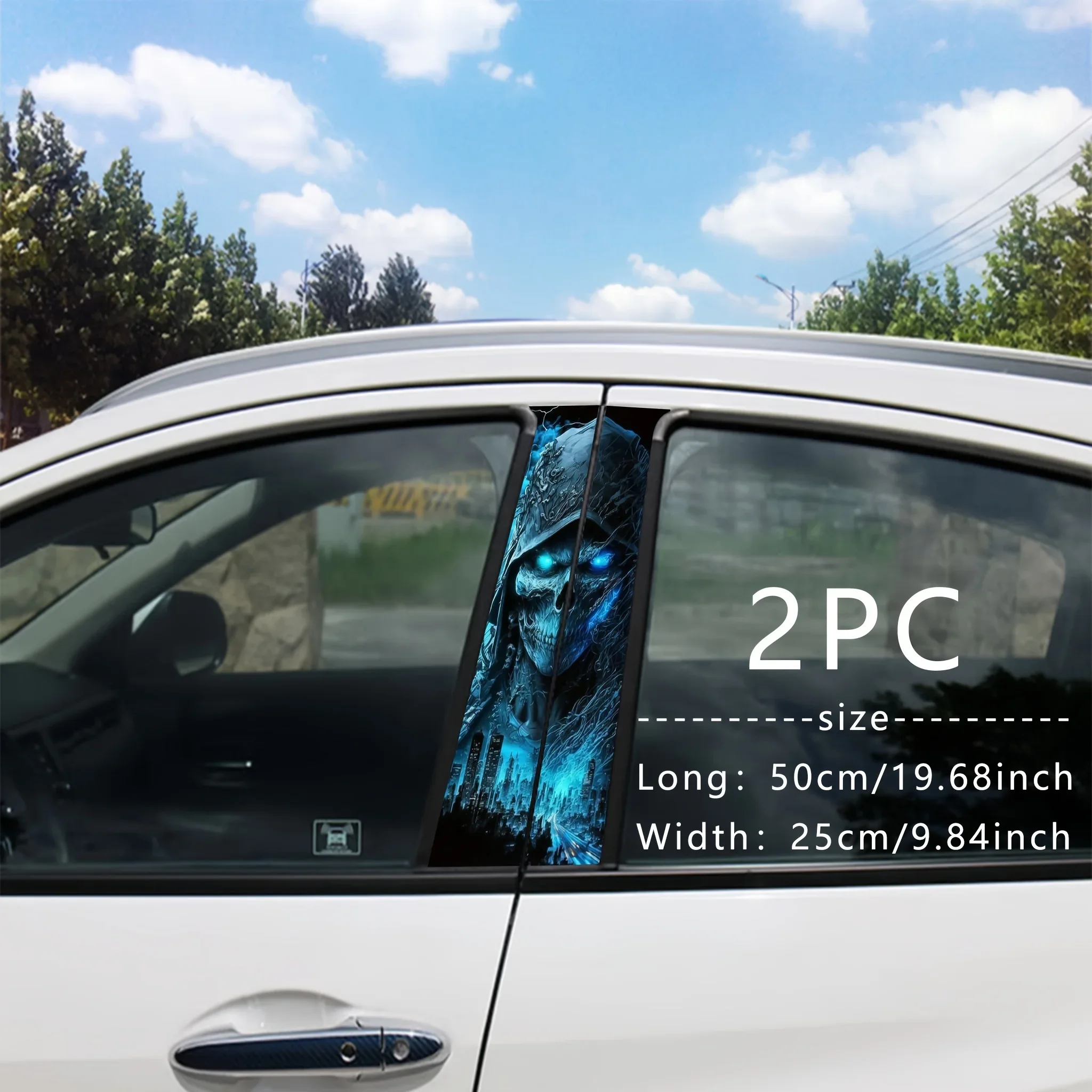 2-Piece Skull Wizard Theme Car Sticker - Holloway Theme, Matte Effect, Easy to Stick on Left and Right Side Pillars
