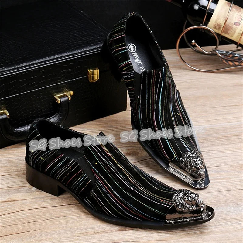 

Genuine Leather Mixed Color Striped Loafers for Men British Style Metal Pointed Toe Chunky Heel Shallow Male Business Shoes