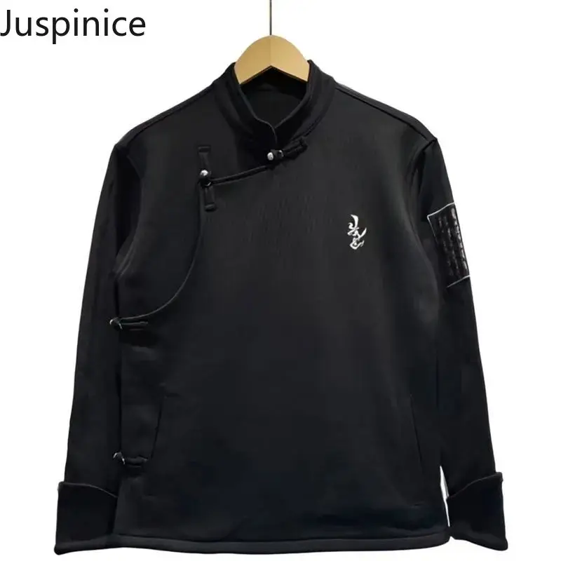 

Juspinice 2025 модная куртка в этническом стиле с вышивкой, элитная свободная однотонная повседневная куртка в стиле ретро с наклонной спиной, мужская одежда