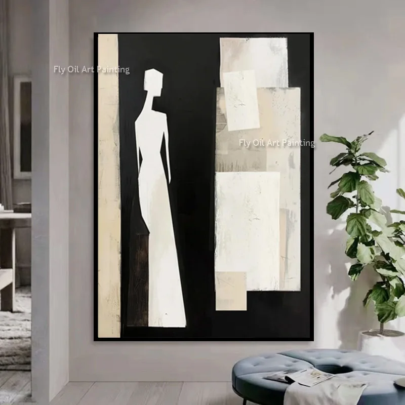 Hand Drawn Large Simplism Design Black White Abstract Home Wall Decor On Canvas New Fashional Beige White Thick Oil Painting