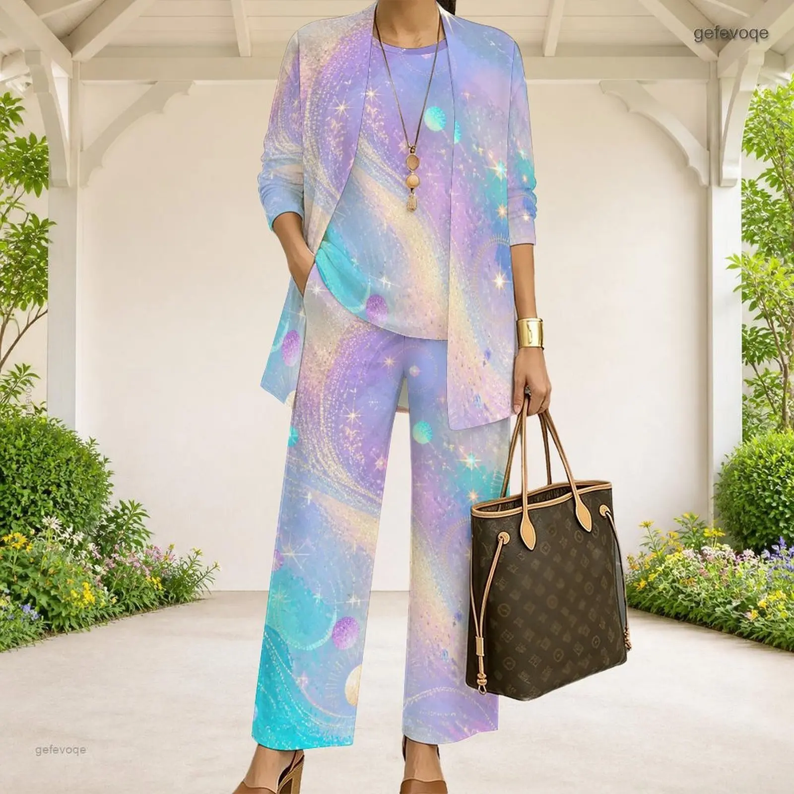 Women Black Dark Green Gold Abstract Swirl Printed 3 Piece Pants Set 3/4 Sleeve Cardigan Tank Top Long Pants - view 5