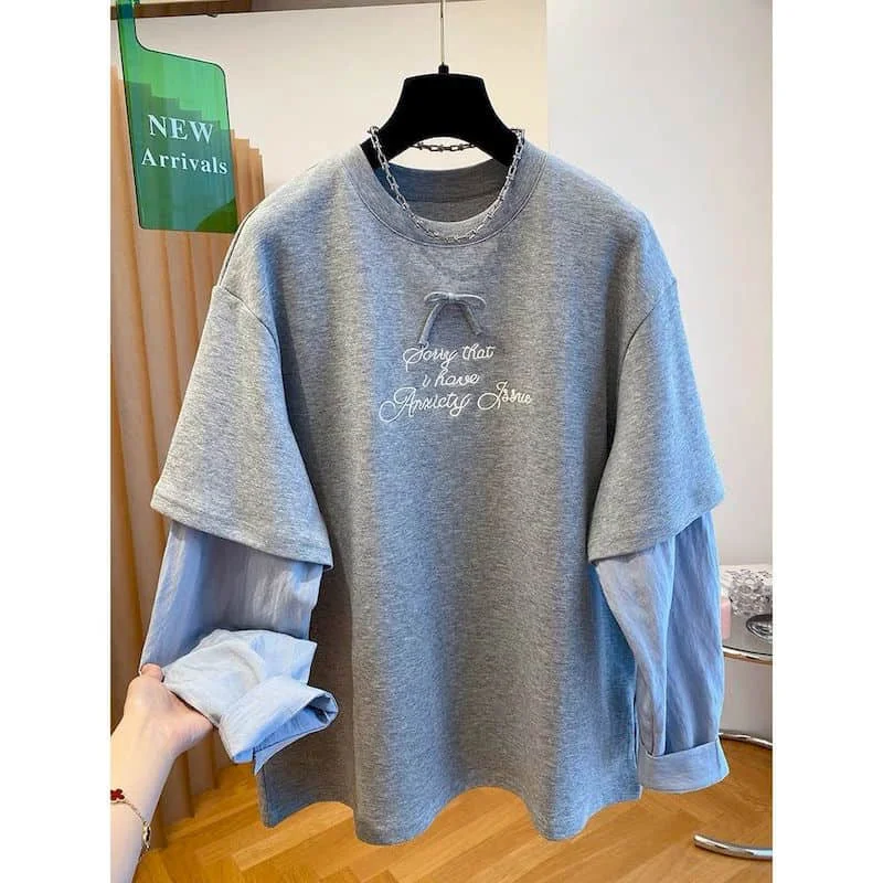 T-shirts O-neck Oversized Fake Two-piece Contrast Color Tops Vintage Casual American Style Long Sleeve Spring Women Clothing