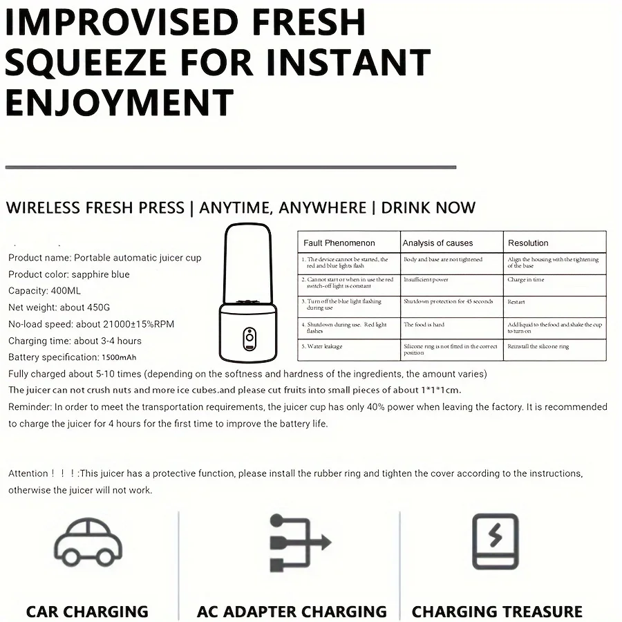 Taza exprimidora eléctrica de 6 hojas, 2 tazas para viaje, mezclador exprimidor portátil, carga Usb, zumo de fruta fresca, licuadora Personal