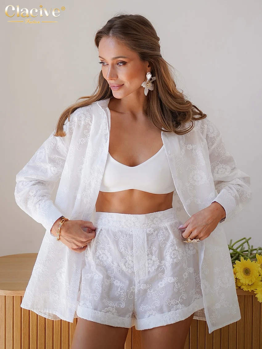 

Clacive Fashion Loose White 2 Pieces Set For Woman 2025 Elegant Long Sleeve Shirt With High Waist Shorts Set Female Streetwear