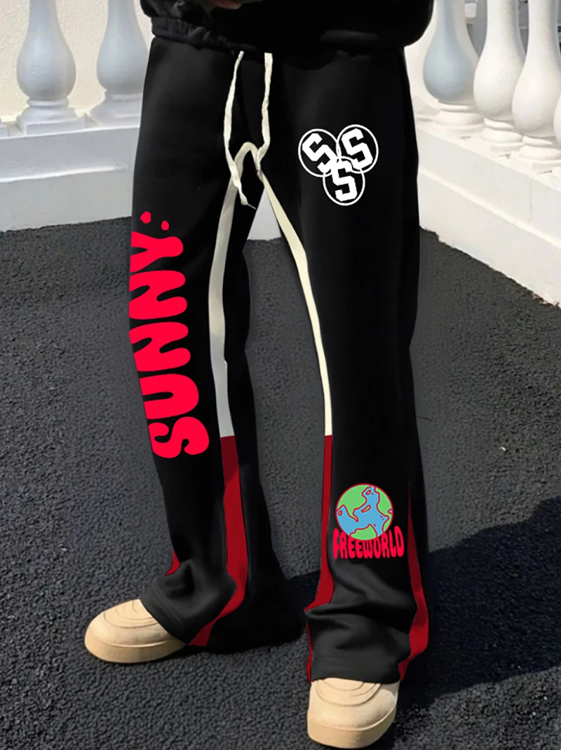 

Men's Casual Street - style Long Micro - Flared Pants with SUNNY Letter Print and Trendy Black - Red Color - Blocking