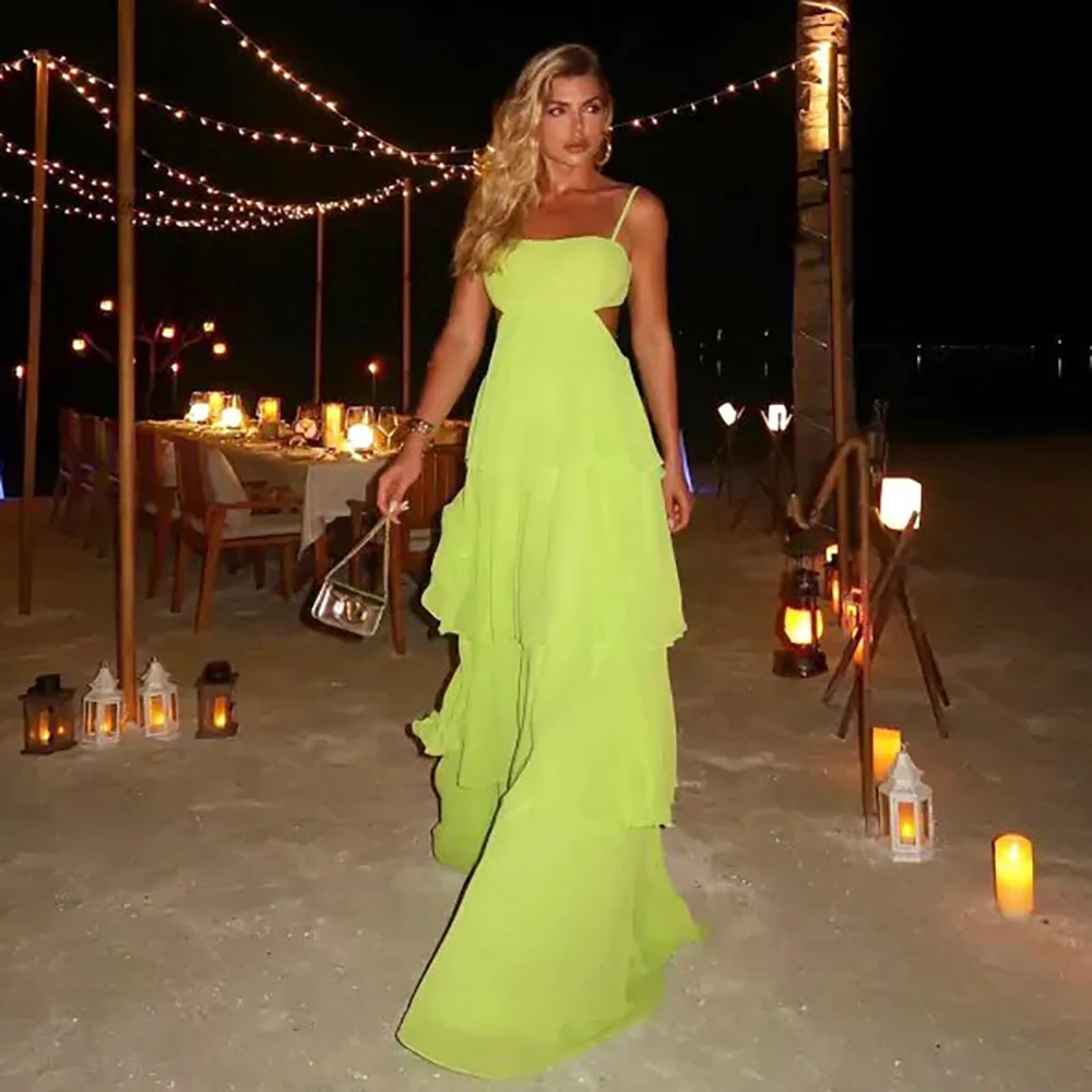 Msikoods Green Prom Dress Spaghetti strap Gala Guest Night Dinner Dress Female Tiered Chiffon Sexy Backless Evening Party Dress