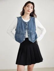 DUSHU Modern Retro Denim Vest Jacket for Women Spring Niche Style High-street Sense Versatile O-neck Vest Female 24DS81042