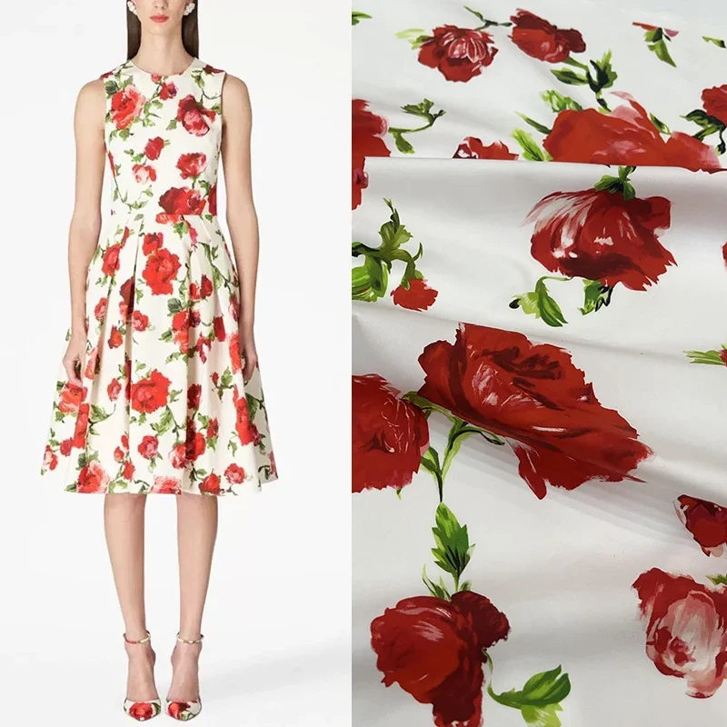 

European and American fashion show pure cotton printed fabric with white background and red flower DIY women's dress fabric