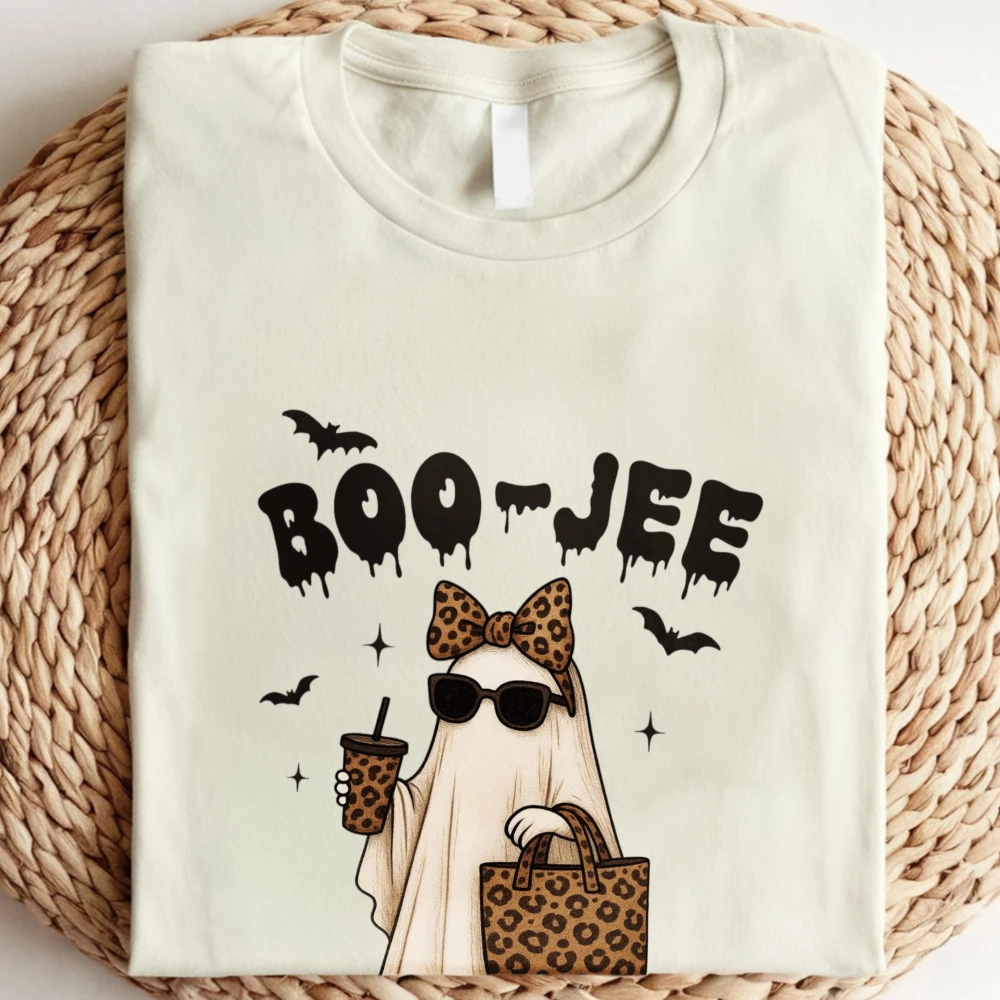 Boo-Jee Ghost Tee Boujee Halloween Tshirt Leopard Ghost Tops Cute Ghost Girly Halloween Clothing Spooky Season Tee Cotton Shirt
